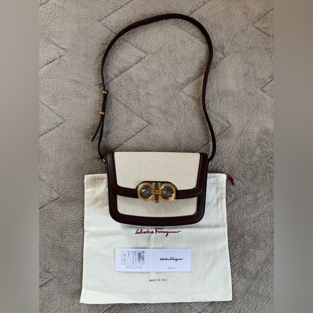 NEW🔥FERRAGAMO Trapezio Canvas & Leather Crossbody Bag🔥 - Picture 7 of 16
